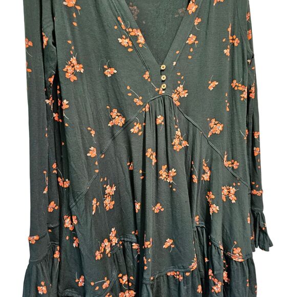 FREE PEOPLE Baby Doll Tunic Green Floral Long Sleeve SMALL Oversized BOHO - Picture 4 of 4